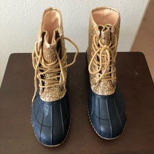 Gold Glitter Navy Blue Skipper Rain Duck Boots